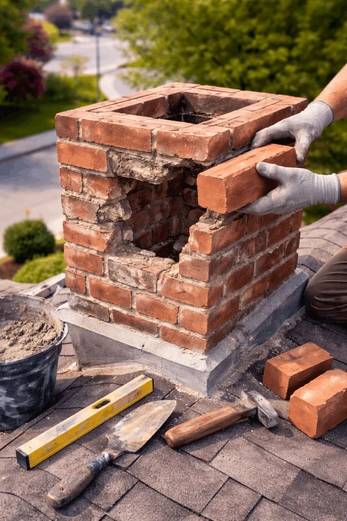 Professional chimney brick repair in Mississauga with damaged bricks being carefully replaced on a residential rooftop