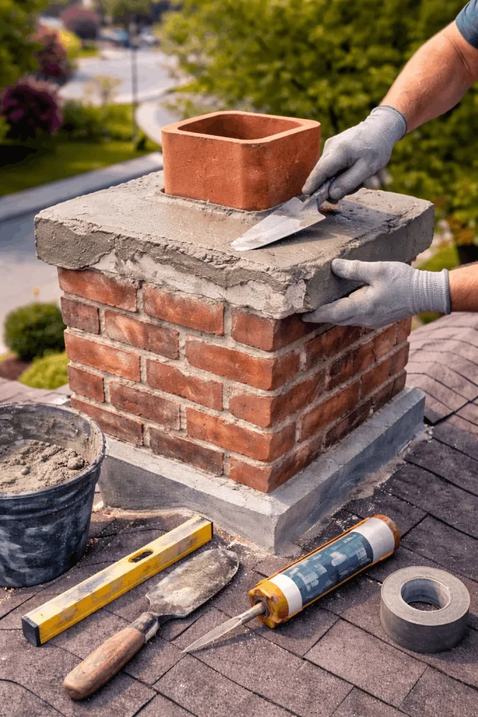 Chimney crown repair in progress with fresh mortar being applied to restore structure and prevent water damage