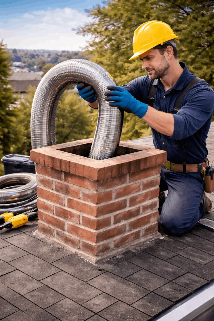 Technician installing stainless steel flue liner inside brick chimney to improve safety and ventilation