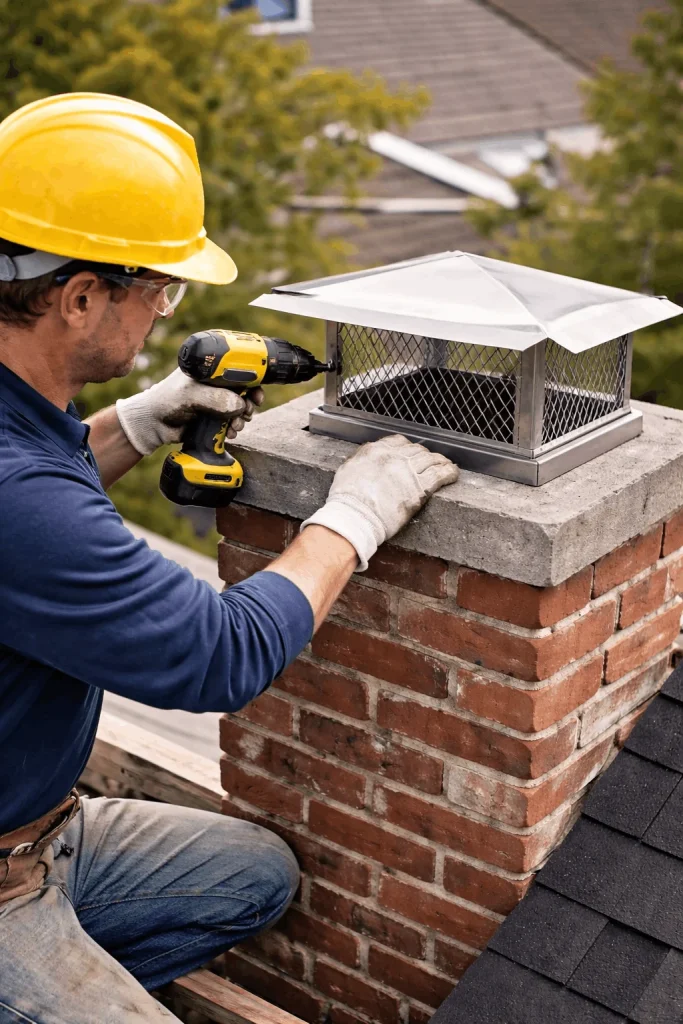 Professional installing stainless steel chimney cap on brick chimney for protection and improved ventilation in mississauga