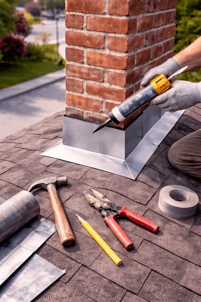 Technician applying sealant to chimney flashing on residential roof in missisauga to prevent water leaks and improve durability